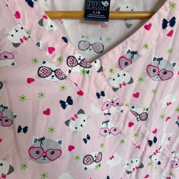 ZOE + CHLOE Bundle Two Tops Scrubs V Neck 100% Cotton Animals Cats Sea Horse , L - Picture 9 of 16